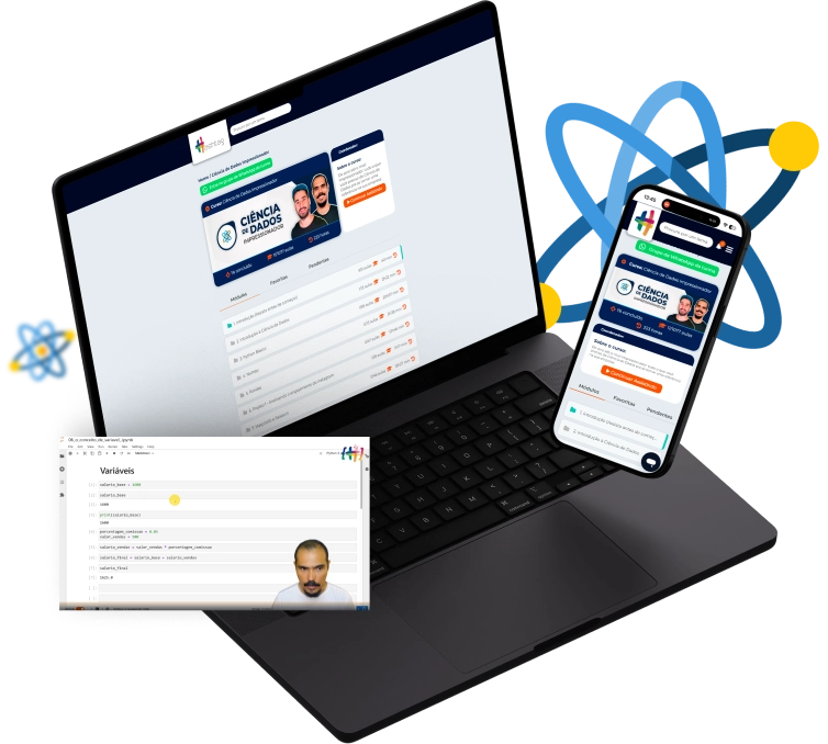 Ícones de ciência de dados, notebook e smartphone com a plataforma Ciência de Dados Impressionador e captura de tela de uma aula